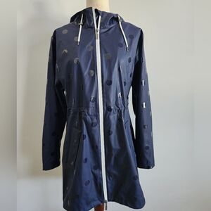 Etage Denmark Navy Polka Dot Hooded Raincoat Women's Small EUC